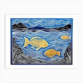 Linocut Fishes In The Sea Art Print