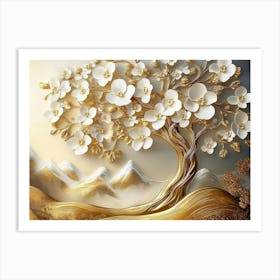 3d Golden Tree With White Flowers Painting Art Print