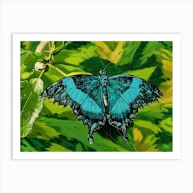 Radiant Blue Butterfly on Lush Foliage. A vibrant blue butterfly with intricately patterned wings rests gracefully amidst a background of vivid green leaves, showcasing the beauty of nature's artistry. Art Print