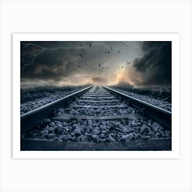 Photography Of Train Rail Track Storm Landscape Railway Clouds Art Print