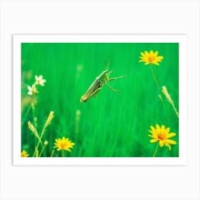 A Lush Grasshopper Leaps Across A Vibrant Oversaturated Meadow The Intense Green Hues Softened By (3) Art Print