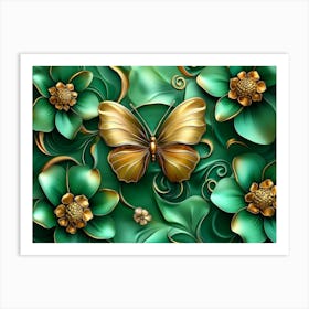 Gold Butterfly On Green Flowers Art Print