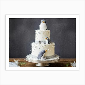 A Charming Penguin Themed Cake Adorned With Festive Wintry Accents Placed In The Heart Of A Spaci 1 Art Print