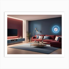 A Modern Living Room Interior With A Red Sofa, A Wooden Coffee Table, A Floor Lamp, And A Blue Wall With A Glowing, Circular Neon Light Art Print