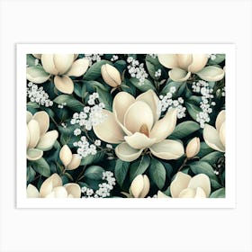 White Magnolia Flowers Seamless Pattern Art Print