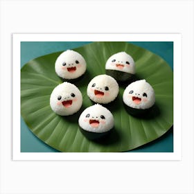 Cute Rice Balls With Smiling Faces On A Green Leaf Art Print