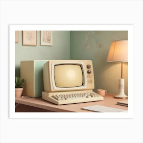 A Still Life Image Of An Old Fashioned Computer On A Desk Art Print