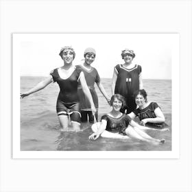 Women In Bathing Suits at the Beach, Vintage Black and White Old Photo Art Print