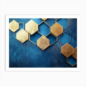 Geometric Hexagon Abstraction On Blue Background With Gold Accents 1 Art Print