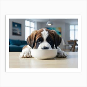 St. Bernard Puppy eating from a bowl Art Print