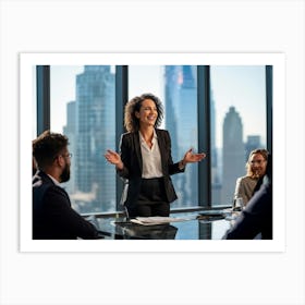 Businesswoman In Mid Presentation Audience Engaged In Active Listening Around Her Vibrant Smiles A 2 1 Art Print