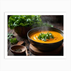 Autumn Pumpkin Curry Soup Steaming In An Earthenware Bowl Vibrant Orange Against Dark Green Lettuc (7) Art Print