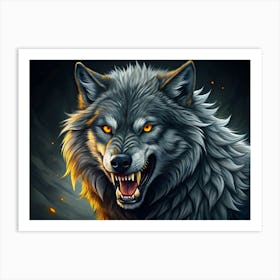 A Close Up Of A Wolf S Snarling Face With Yellow Eyes, Set Against A Dark, Smoky Background Art Print