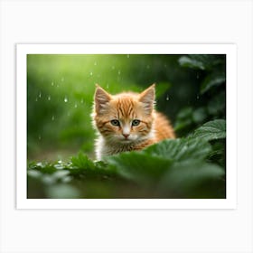 Cat hiding behind green leaves In The Rain Art Print