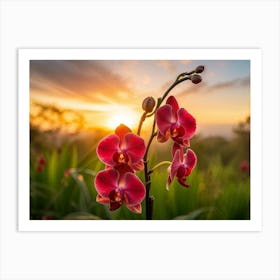 Red Orchids Bursting Open Petals Display A Gradient From Burgundy To Cherry Center Stage In A Lush Art Print