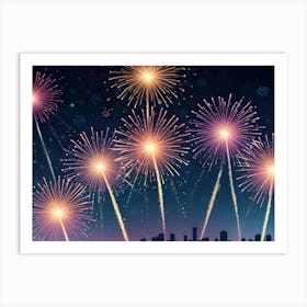 Abstract Image Of Fireworks Exploding Against A Night Sky With A Cityscape Silhouette In The Foreground, Representing Celebration And Urban Life Art Print