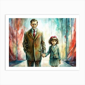 Father And Daughter Holding Hands In Watercolor Style Art Print