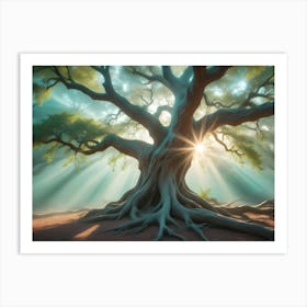 A Photograph Of A Large Tree With Its Roots Exposed In A Misty Forest Art Print