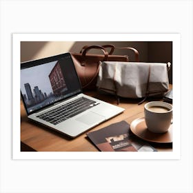 A Still Life Of A Laptop, Coffee Cups, And Various Accessories On A Wooden Table, Creating A Cozy And Inviting Atmosphere Art Print