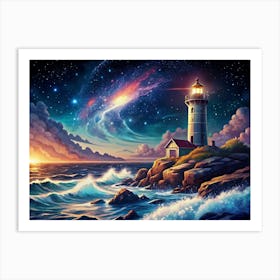 Lighthouse Guiding Ships Through A Starry Night Art Print