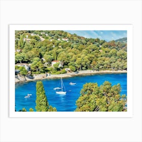 Serene Seascape Escape. The image depicts a tranquil coastal scene featuring a small, lush island surrounded by clear blue waters. Several boats are anchored nearby, and a person is seen riding a jet ski, leaving a trail of white foam behind. The sky is clear, enhancing the vibrant blue hues of the sea and sky, creating a picturesque and serene atmosphere. 5 Art Print