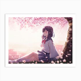 Anime Girl Captured In A Serene State With A Stoic Expression Sits Under Cherry Blossoms Gently Dr Art Print