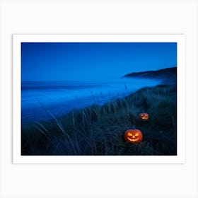 Jack O Lanterns With Eerie Glows Emanating A Soft Light Scattered Along A Desolate Shoreline Early (2) Art Print