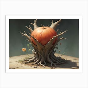 A Large Pumpkin Rests On A Weathered, Gnarled Tree Trunk Art Print