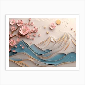 Modern Sakura Tree And Mountain 3d 2 Art Print