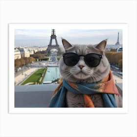 Sophisticated Cat In Paris: A Grey Tabby Cat Wearing Sunglasses And A Colorful Scarf, Eiffel Tower In The Background Art Print