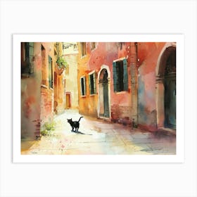 Black Cat In Venice, Italy, Street Art Watercolour Painting 1 Art Print