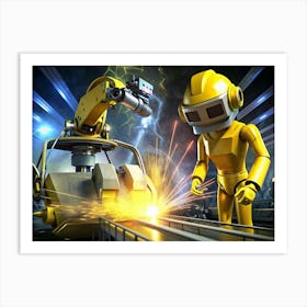 A Yellow Robot Welding With A Robotic Arm In A Factory Setting Art Print