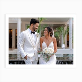 Bride And Groom Standing In Front Of Fountain Art Print