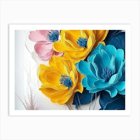 Modern Scene with Spectacular Hyper Realistic Abstract of Spring Flowers, Yellow, Blue, Teal & Pink Art Print