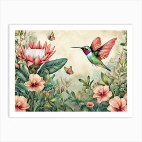 Vintage Tropical Background With Protea, Hibiscus Flowers, Leaves, Hummingbirds, Butterflies 2 Art Print