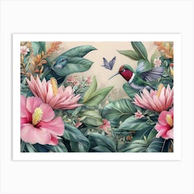 Vintage Tropical Background with Protea, Hibiscus Flowers, Leaves, Hummingbirds, Butterflies Art Print