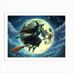 Green Witch Flying On A Broom Against A Full Moon And Starry Sky Art Print