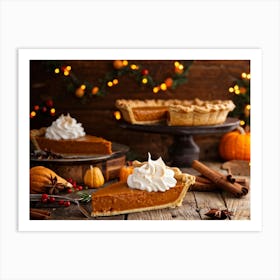 Close Up Of A Homemade Pumpkin Pie Slice Topped With Whipped Cream Warm And Cozy Autumnal Atmospher (1) Art Print