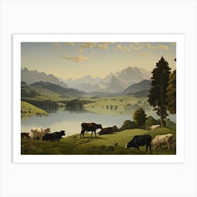 Cows Near Lake Painting Art Print