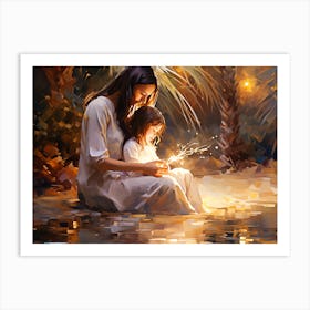 Mother And Daughter With Sparklers Art Print