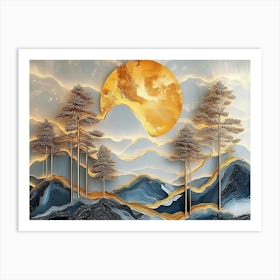 3d Modern Landscape Moon, Golden Christmas Trees, Colorful Mountains Painting Art Print