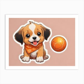 A Cartoon Illustration Of A Cute Puppy Wearing A Red Bandana And Holding A Ball Art Print