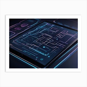 A Tablet Computer On A Dark Background With A Futuristic Digital Interface, Glowing Lines, And A City Skyline Art Print