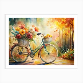 A Basket Of Fresh Flowers On A Bicycle Surrounde Art Print