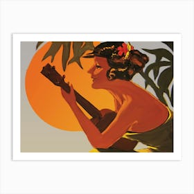 Hawaii, Hula Girl Plays Ukulele On Sunset Art Print