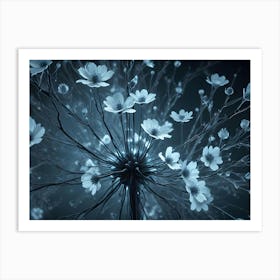 Abstract Image Of A Cluster Of Glowing White Flowers With Thin, Dark Stems, Resembling A Network Or Web Art Print