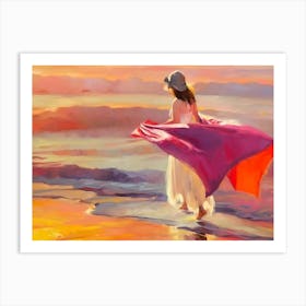 Woman Walking On The Beach Art Print