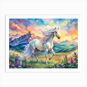 Watercolor Painting Of A White Horse Running Through A Mountain Landscape Art Print