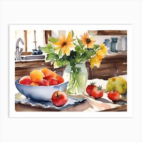 Yellow Flowers And Fruit Watercolor Painting Art Print