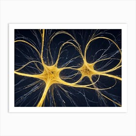 Abstract 3d Rendering Of A Glowing Neuron Like Network With Interconnected Golden Strands And A Blue Black Background Art Print